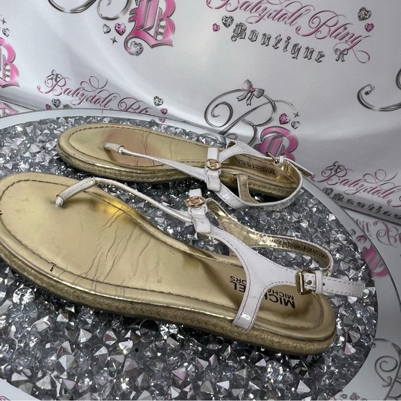 Michael Kors sandals gold charm MK logo white buckle ankle detail slip on shoes - Picture 5 of 9